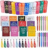 Skylety 12 Set/48 Pcs Christian Gifts Bulk Church Christmas Religious Gift Set 16 oz Bible Scripture Cups with Lids Mini Spiral Notebooks Pens Keychains for Women Staff Team Friends (Classic Color)