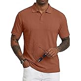 JMIERR Mens Polo Shirt Textured Short Sleeve Summer Button Collar Knitted Golf Polos