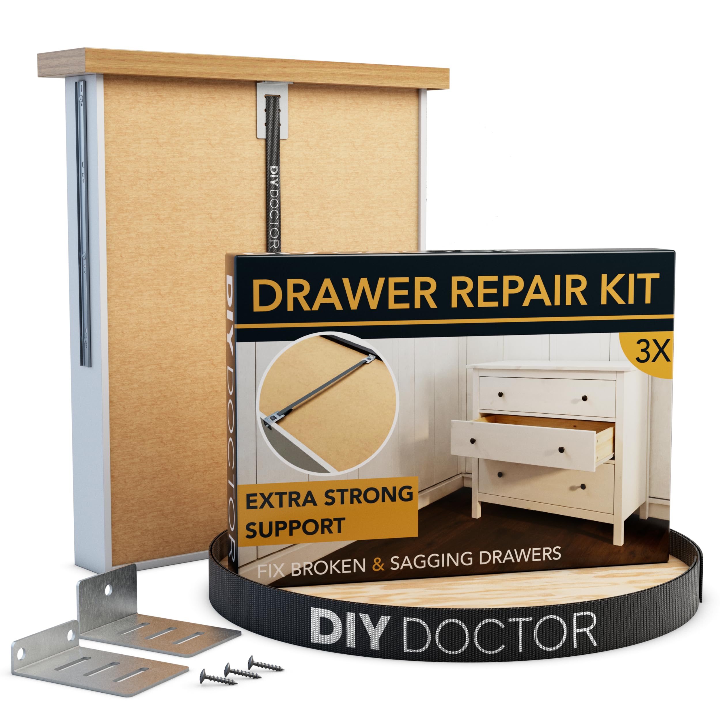 DIY Doctor Drawer Repair Kit (3 Pack) – Fix Sagging Kitchen Drawers – Front Fixing Brackets & Bottom Support – Replacement for Damaged Units – Draw Strengthener Pack