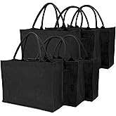 Segarty Tote Bags, 6 Pack Large Black Burlap Jute Reusable Canvas Gift Favors Bag with Handles Blank Tote Bulk for Bridesmaid Wedding, Women Market Grocery Shopping, Bachelorette Party, Beach Trip