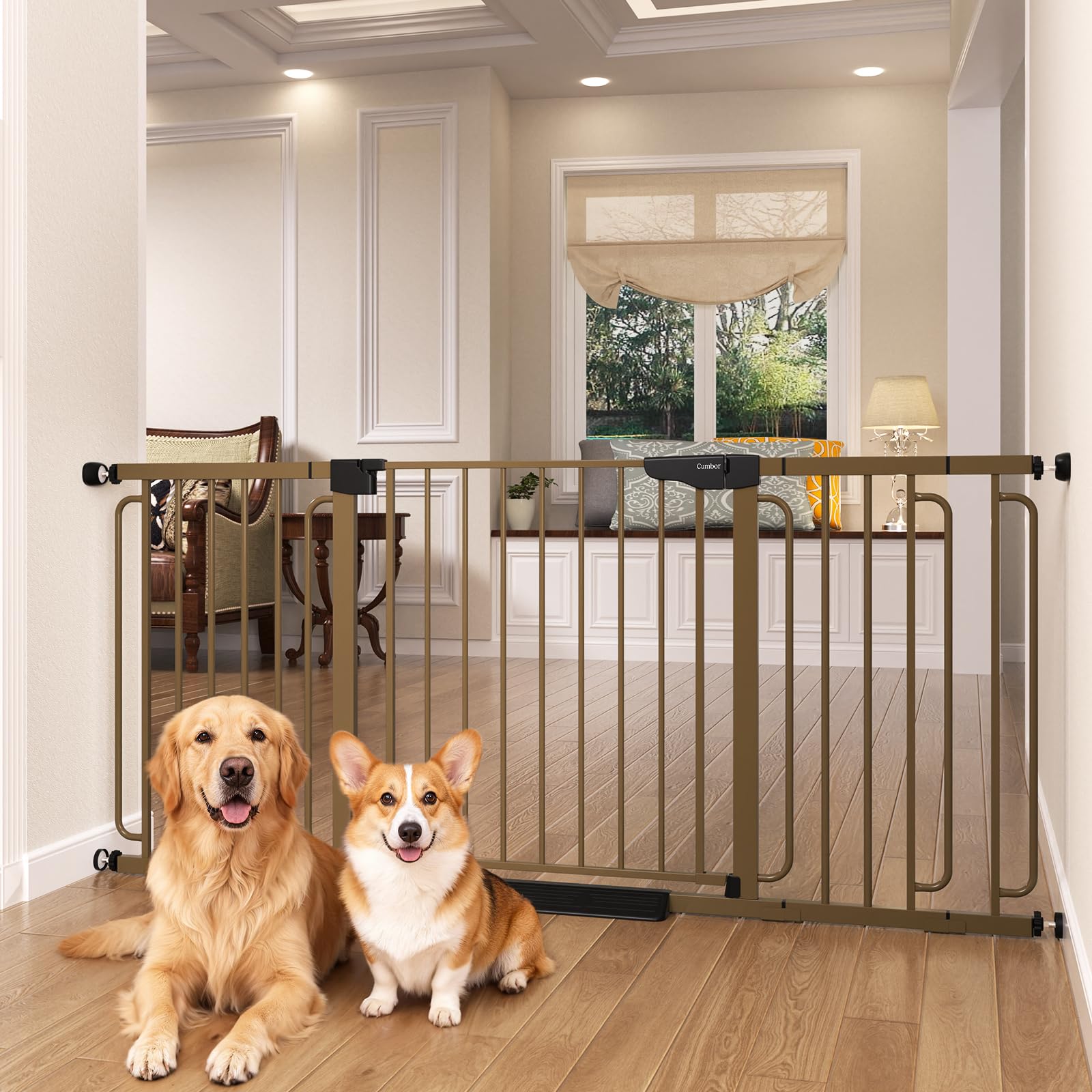 Cumbor Extra Wide Baby Gate, 36.6-69" Walk-Through Dog Gate for Stairs, Doorways & Hallways, 30.5“ Tall, Auto-Close & Dual-Swing Safety Child Gate Indoor, Easy Install Pressure-Mounted Pet Gate, Brown Image