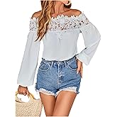 WDIRARA Women's Floral Lace Off Shoulder Blouse Long Bishop Sleeve Top Solid Shirt