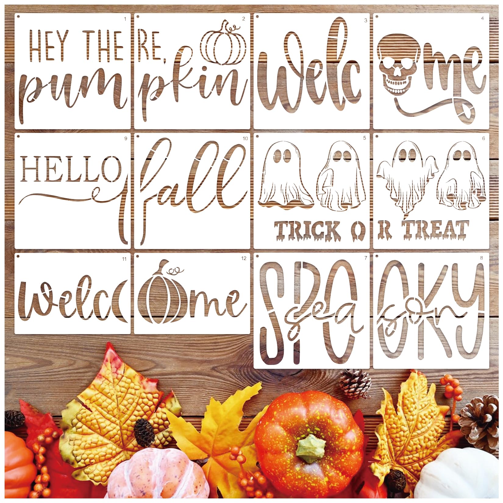 Photo 1 of Large Halloween Fall Door Mats Stencils for Painting on Wood Hello Fall Doormat Stencils Reusable Welcome Stencil Template Drawing Skull Stencil on Wood Sign Doormats Door Hang DIY Crafts (mat12)