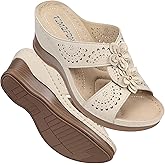 TEMOFON Womens Wedge Sandals Leather: Dressy Sandal, Rubber Sole, Comfortable Walking, Casual Slip on Summer Shoes, Size 5-11