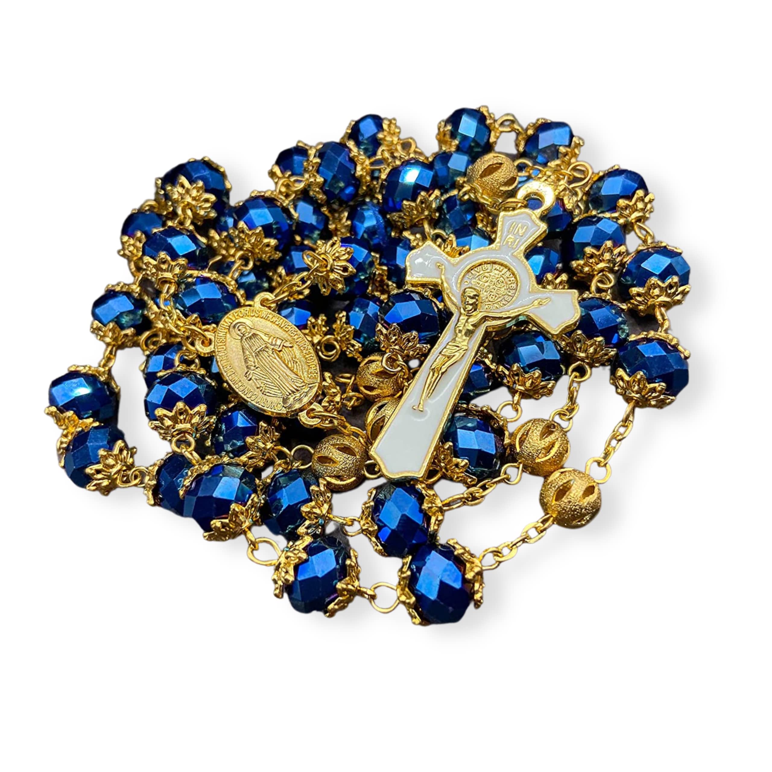 Nazareth Store St.Benedict Crystallized Blue Beads Rosary Golden Necklace for Men & Women with Golden Mystery Beads Miraculous Medal and Saint Benedict Cross