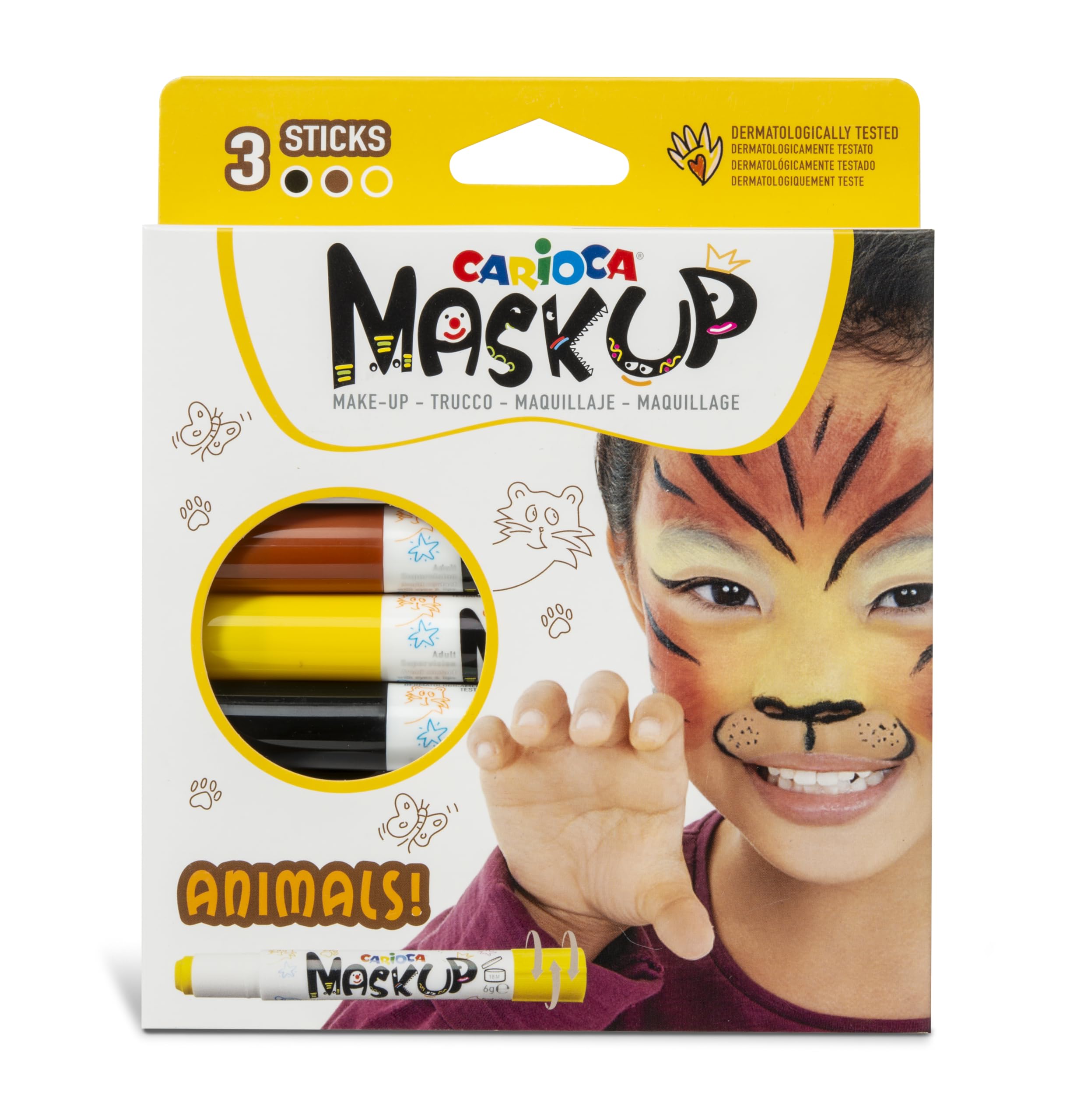 Carioca Mask Up Animals, Face Paint Kit for Boys and Girls, Makeup Sticks Ideal for Christmas, Halloween, Carnival and Parties - 3 Colours and 2 Tutorials - Dermatologically Tested