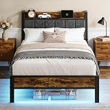 Twin Size Bed Frame with Storage Headboard and Charging Station, Smart RGB LED Lights, Metal Platform Bed with USB & Type-C Ports, Noise Free, Easy Assembly, No Box Spring Needed