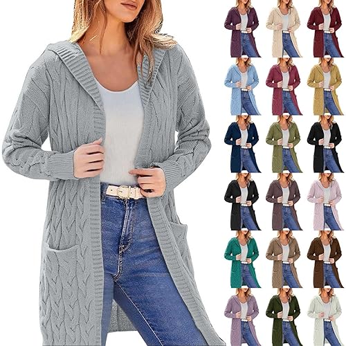 HOOUDO Winter Jackets for Women Cardigans for Women UK Open Front Cardigan Cable Knit Sweaters Solid Color Chunky Long Sweater Coat Knit Cardigan with Pockets for Fall Winter Long Sleeve Womens Coats
