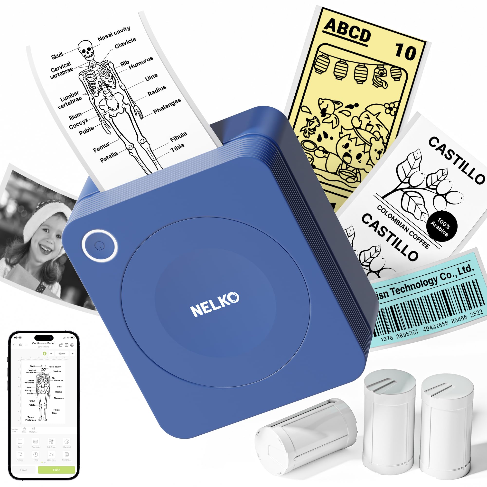 Photo 1 of Nelko Sticker Printer, PM230 Print Pod Mini Bluetooth Portabel Sticker Maker with 3 Rolls Paper, Print Pods Mini Printer with Multiple Templates for Phone & Tablet?for School Office Home, Blue
