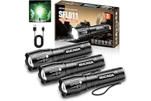 BUCASA 3 Pack Rechargeable Flashlights High Lumens, Brighter Small Flashlight Powerful Tactical Flashlights Rechargeable, Waterproof LED Flashlight with 3 Modes Zoomable for Camping Emergency