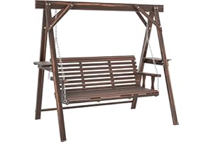 Outsunny 3 Seat Porch Swing with Stand, Wooden Patio Swing Chair with Side Tables and Metal Chains, Outdoor Swing Bench for G