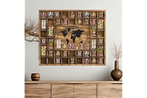 GlikCeil 44 Slots 28 x 23'' Medium World Map Shot Glass Display Case Rustic Wood Shot Glass Holder for Different Size Wineglass Bar Shelf Organizer Storage Cabinet Decor