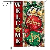 Welcome Christmas Ornaments Garden Flag 12x18 Double-Sided Burlap with Holiday Decorations and "Believe" "Joy" Ornaments Perfect for Winter Decor
