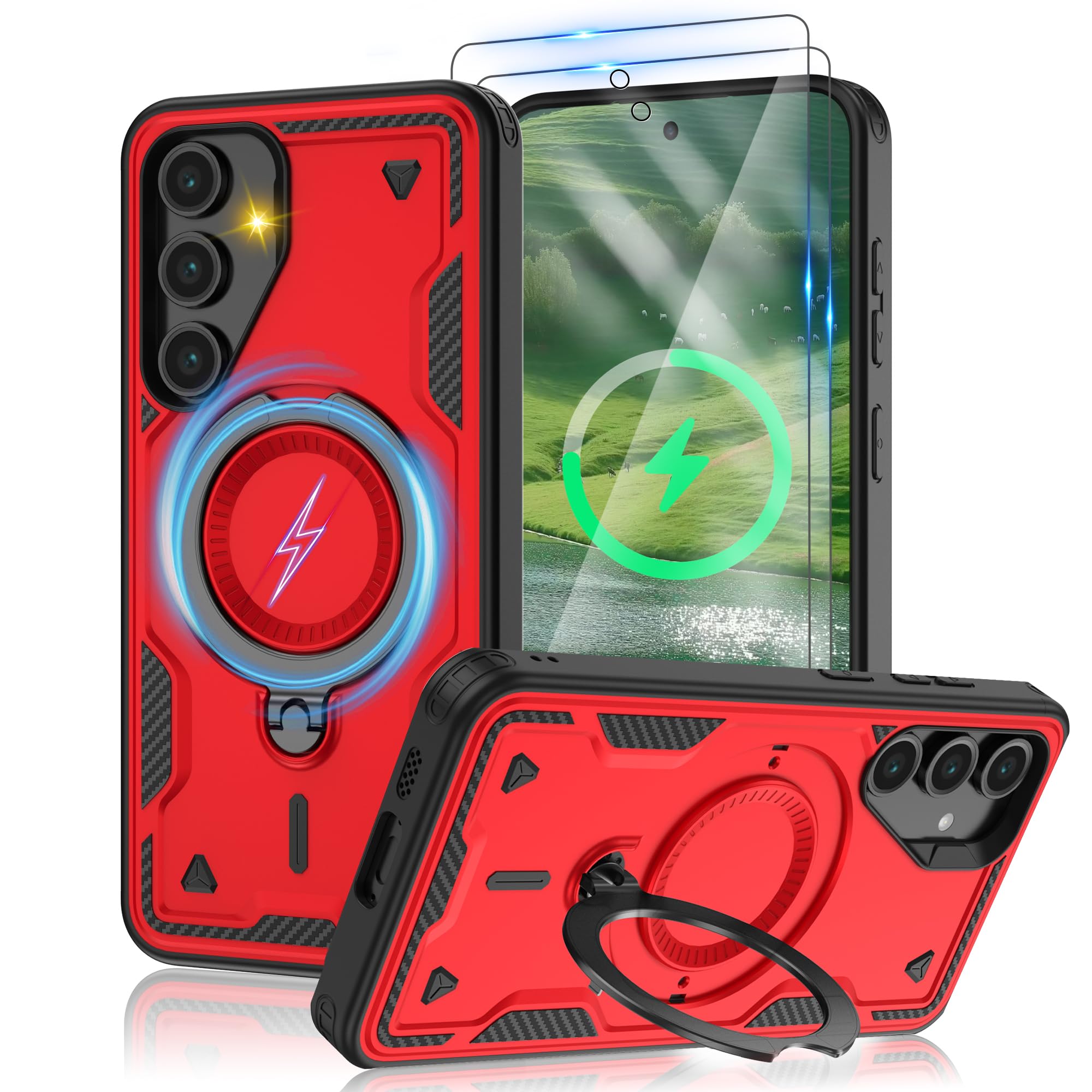 for Samsung Galaxy-S24 FE Case with Magsafe & [HD Screen Protector×2][Anti-Fingerprint], 360° Metal Rotated Kickstand,Military Grade Shockproof Protective for Galaxy S24 FE Case,Red