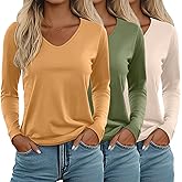Ficerd 3 Pack Women's Long Sleeve T Shirts, V Neck Basic Tops Fall Casual Trendy Tees Loose Fit Soft Clothes Outfits