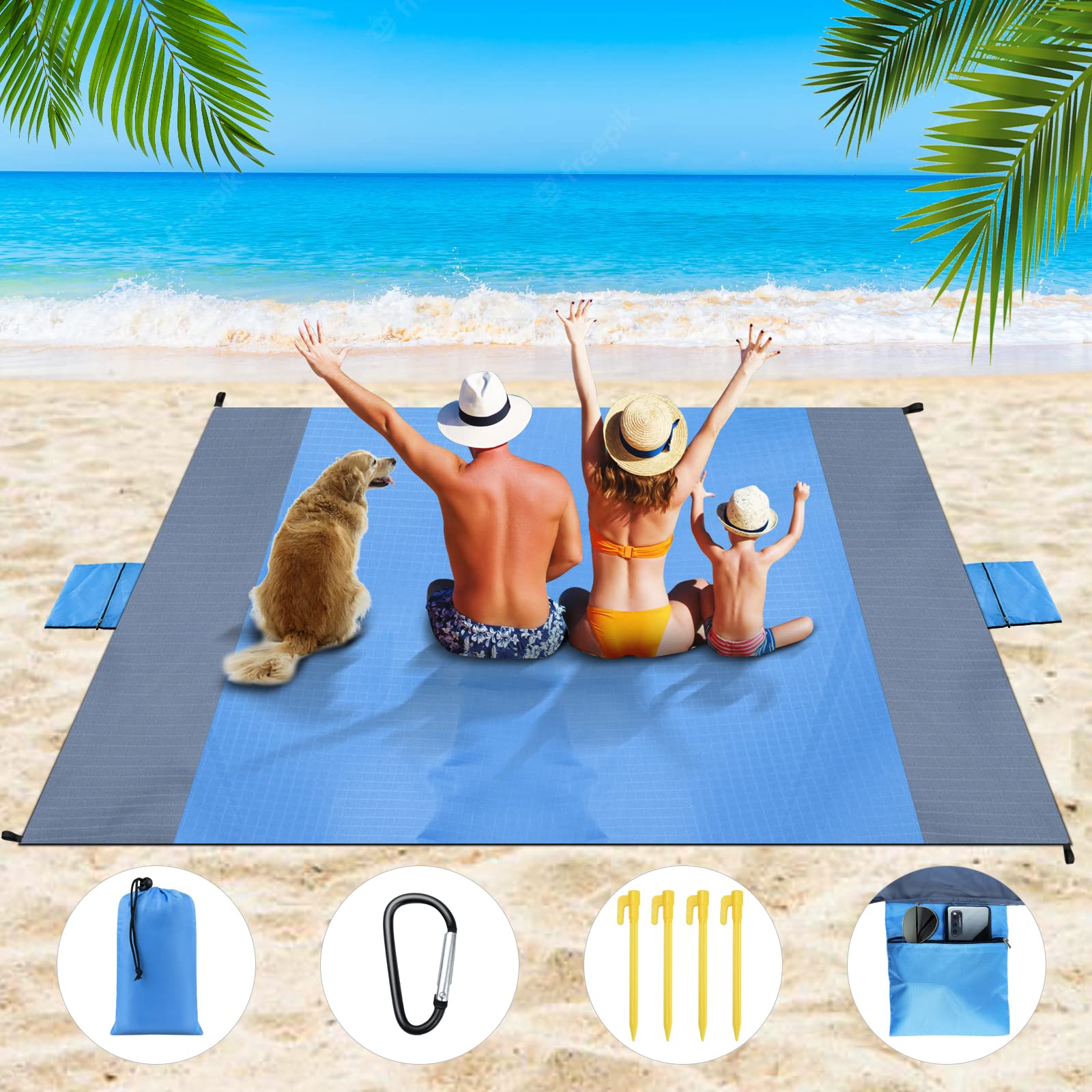 Dijia Beach Blanket Beach Mat - Sandproof Large 210 * 200 CM Waterproof Lightweight Outdoor Sports with 2 Extra Zipper Pockets for for Phone Camera, Holidays Camping Hiking Blanket