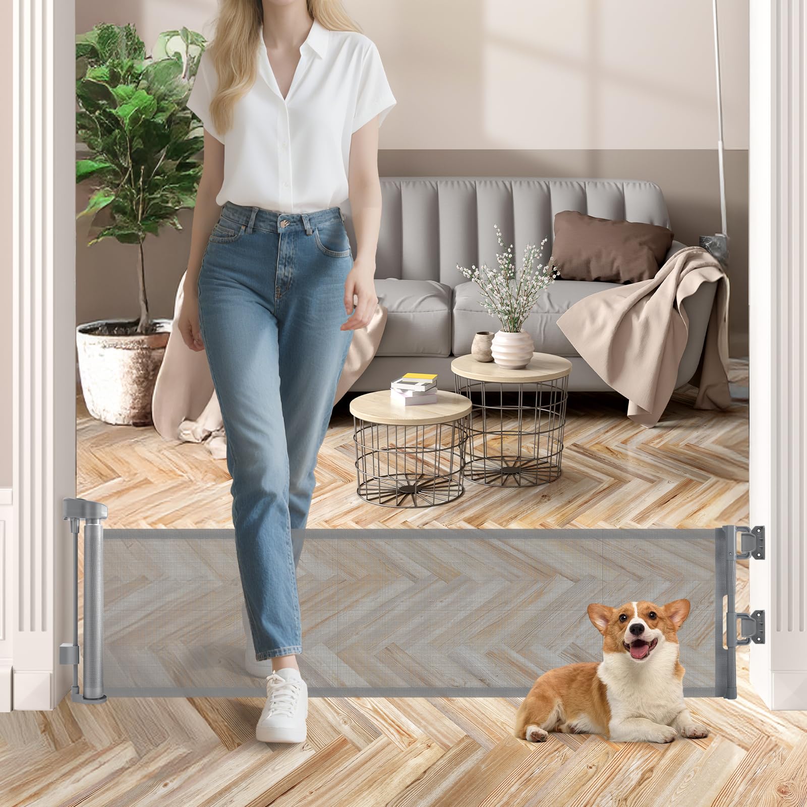 Photo 1 of Crazydeer 14" Tall Short Dog Gate to Step Over, Retractable Mesh Pet Door for Small Puppy, Extended up to 55" Wide for Indoor Stairs Doorways and Hallway - Grey