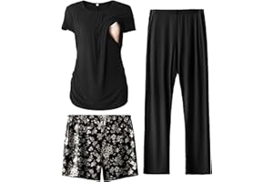 SUNNYBUY Womens Maternity Nursing Pajamas Set, Short Sleeve Breastfeeding Shirts，Pregnancy Shorts & Pants 3 Piece Nursing PJS