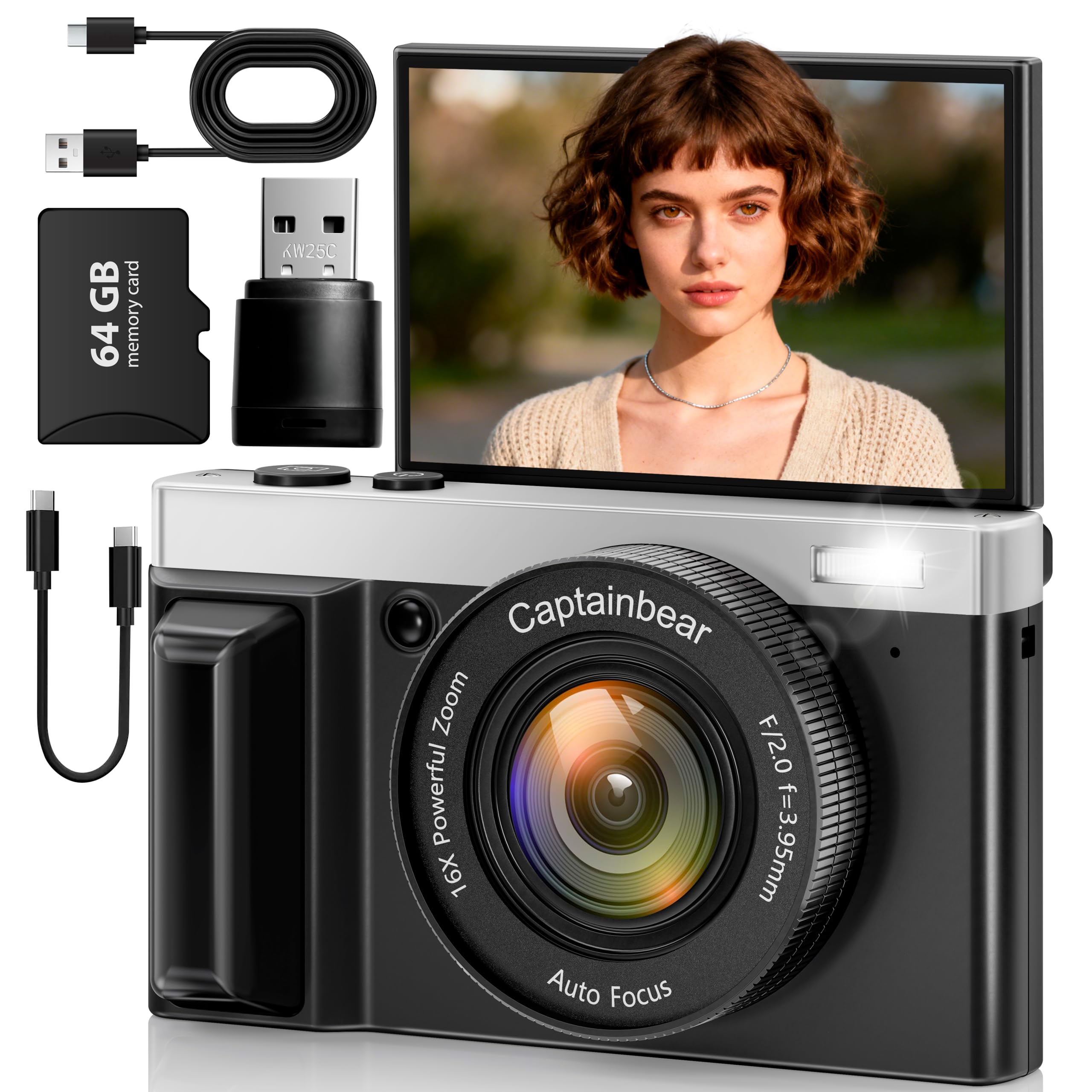 Photo 1 of 4K Digital Camera,64MP Cameras for Photography with 16X Digital Zoom, AutoFocus Vlogging Camera for YouTube, 3" 180°Flip Screen Compact Travel Camera, Anti-Shake 4K Video Cameras