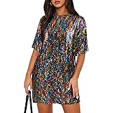 MIYIEONZ Women's Crew Neck Sequin Dress for Women Sexy V Neck Shirt Dress Sparkly Half Sleeve Loose Party Club Cocktail Dress