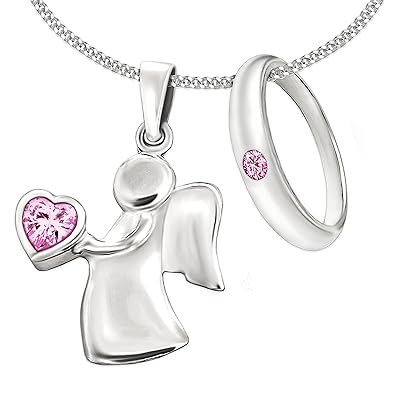 Clever Schmuck Set 2 Silberne Mädchen Anhänger Engel 15 mm mit rosa Zirkoniaherz in der Hand und Taufring mit rosa Zirkonia &