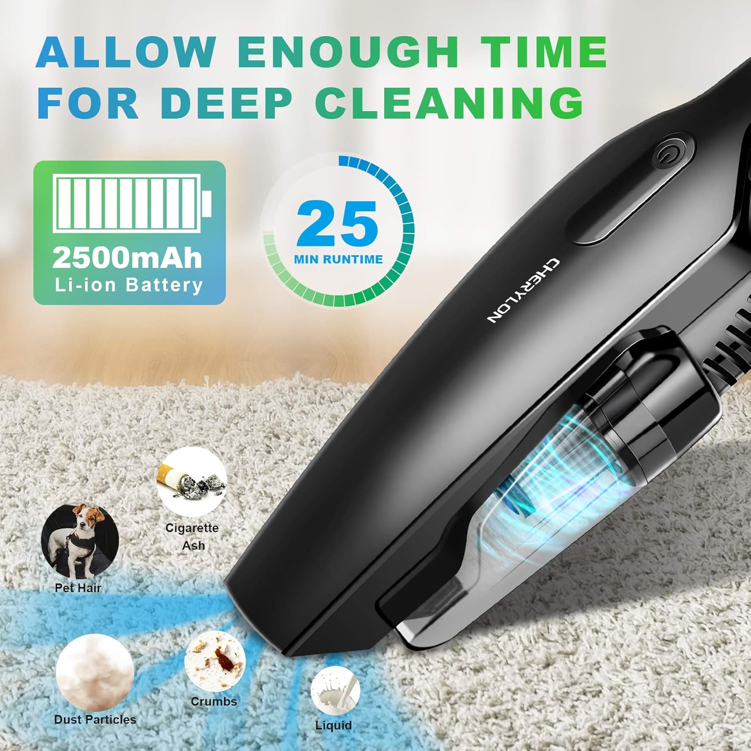 Handheld Vacuum Cordless, CHERYLON Portable Vacuum with 150W High Power and 8000Pa, Mini Car/Home Vacuum Cleaner Powered by Lithium Ion Cordless Hand Vacuum -