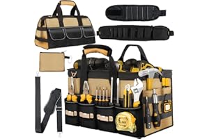 KUMDIYIT 20 Inch Heavy Duty Tool Tote-48 Pockets,1680D Tear&Abrasion Resistant,Includes Tool Pouch,Tool Belt,Magnetic Wristband&Adjustable Shoulder Strap | Tool Organizer(Brown)