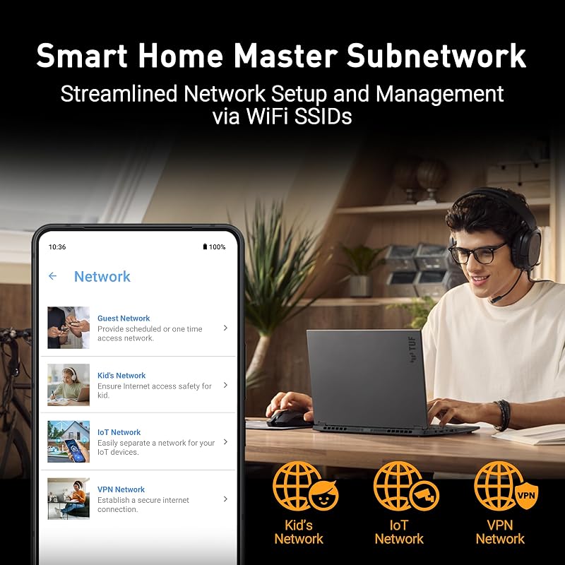 TUF Gaming BE6500 - Router WiFi 7 de Banda Dupla, 4K-QAM, Quatro Portas 2.5G, OpenNAT, Smart Home Master, Segurança de Rede de Três Níveis, Compatível com AiMesh, Tethering Móvel Automático 4G/5G