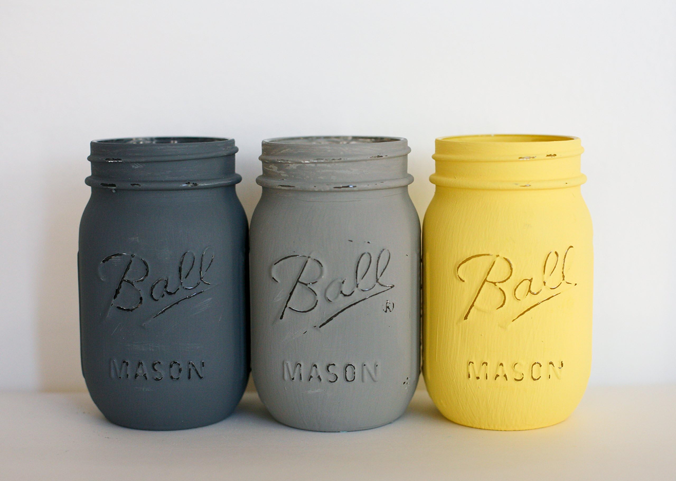 Painted Distressed Mason Jars - Grey and Yellow - Wedding Centerpiece
