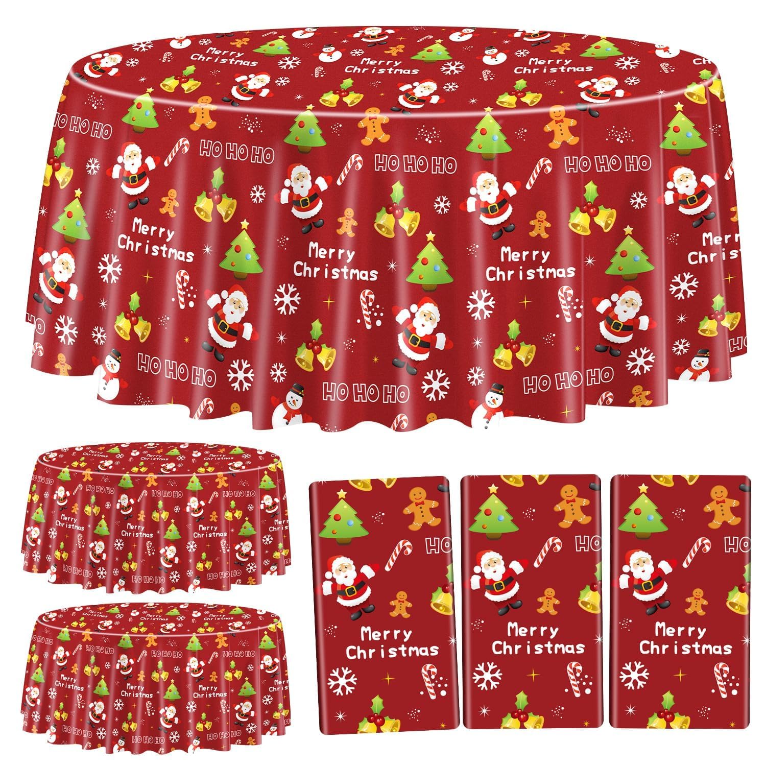 PTECDROTS 3Pcs Christmas Tablecloths Round Christmas Table Decorations Red Xmas Theme Table Cover for Winter Holiday New Year Christmas Party Supplies, 214cm