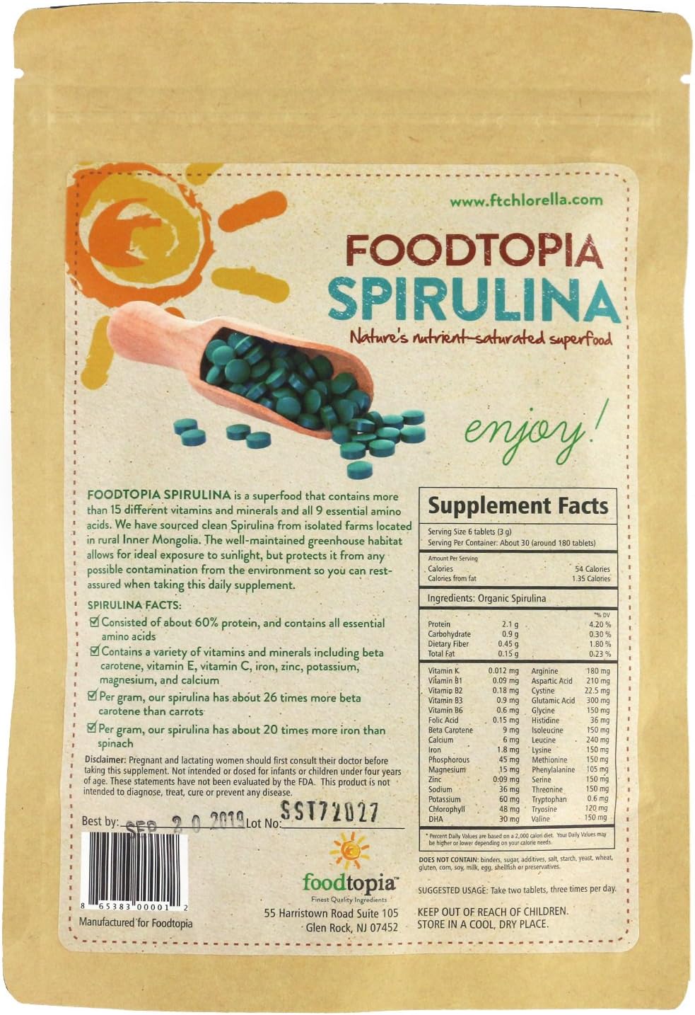 Organic Spirulina 500mg (180 Tablets) 100 Raw, NonGMO, Pure, Sun