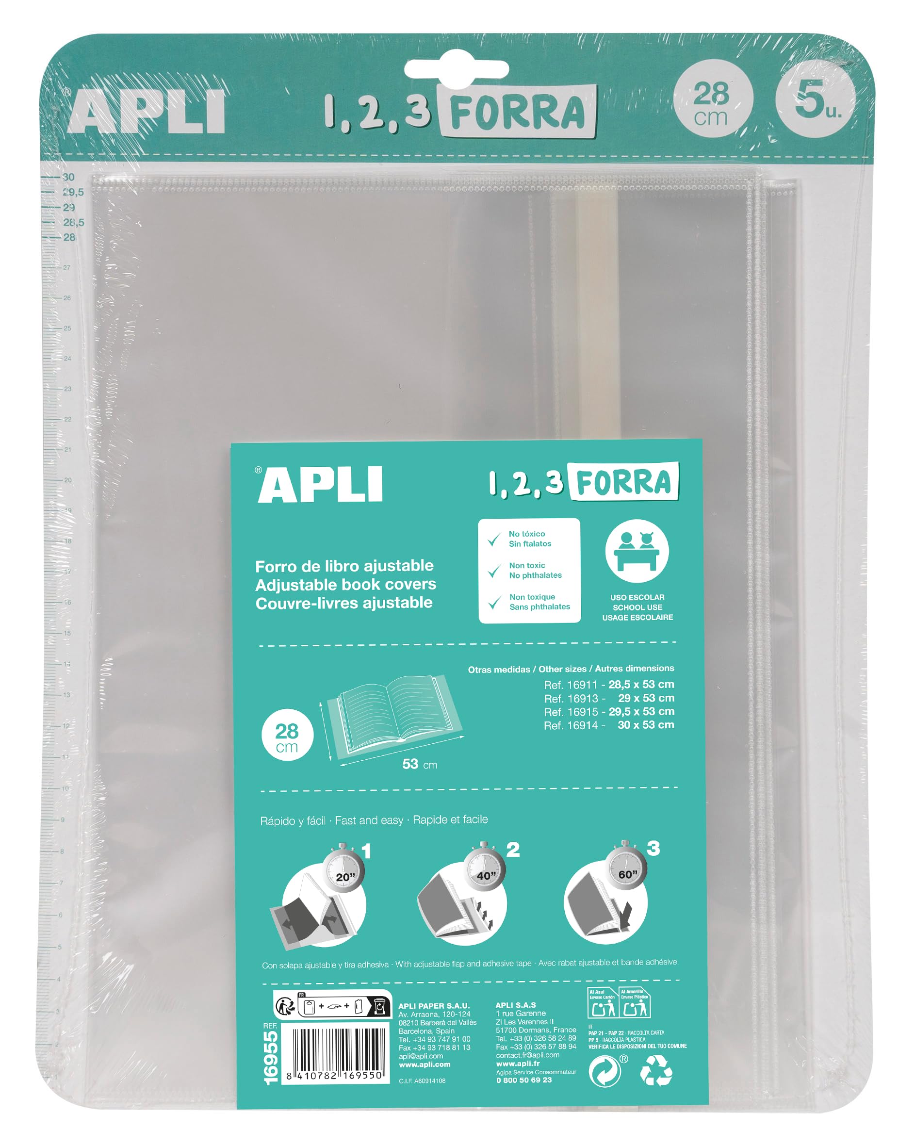 APLI 16955 Book Cover with Adjustable Flap Polypropylene 280mm