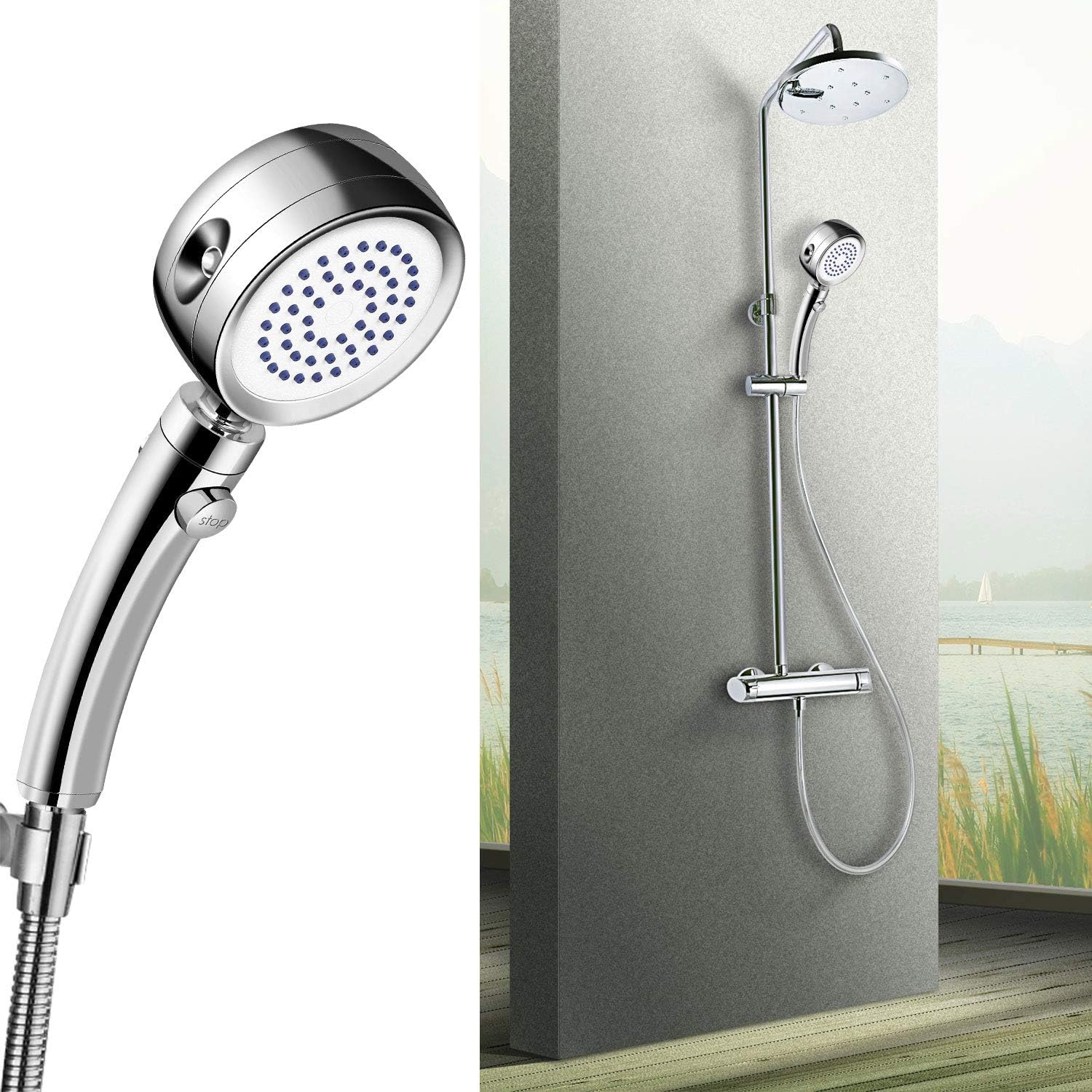 Shower Head, Emooqi Universal Bath Shower Handheld Adjustable High Pressure Removable Showerhead with Water Saving 4 Sprays Modes Full-Chrome Shower Head for Relaxation Spa,Bathing