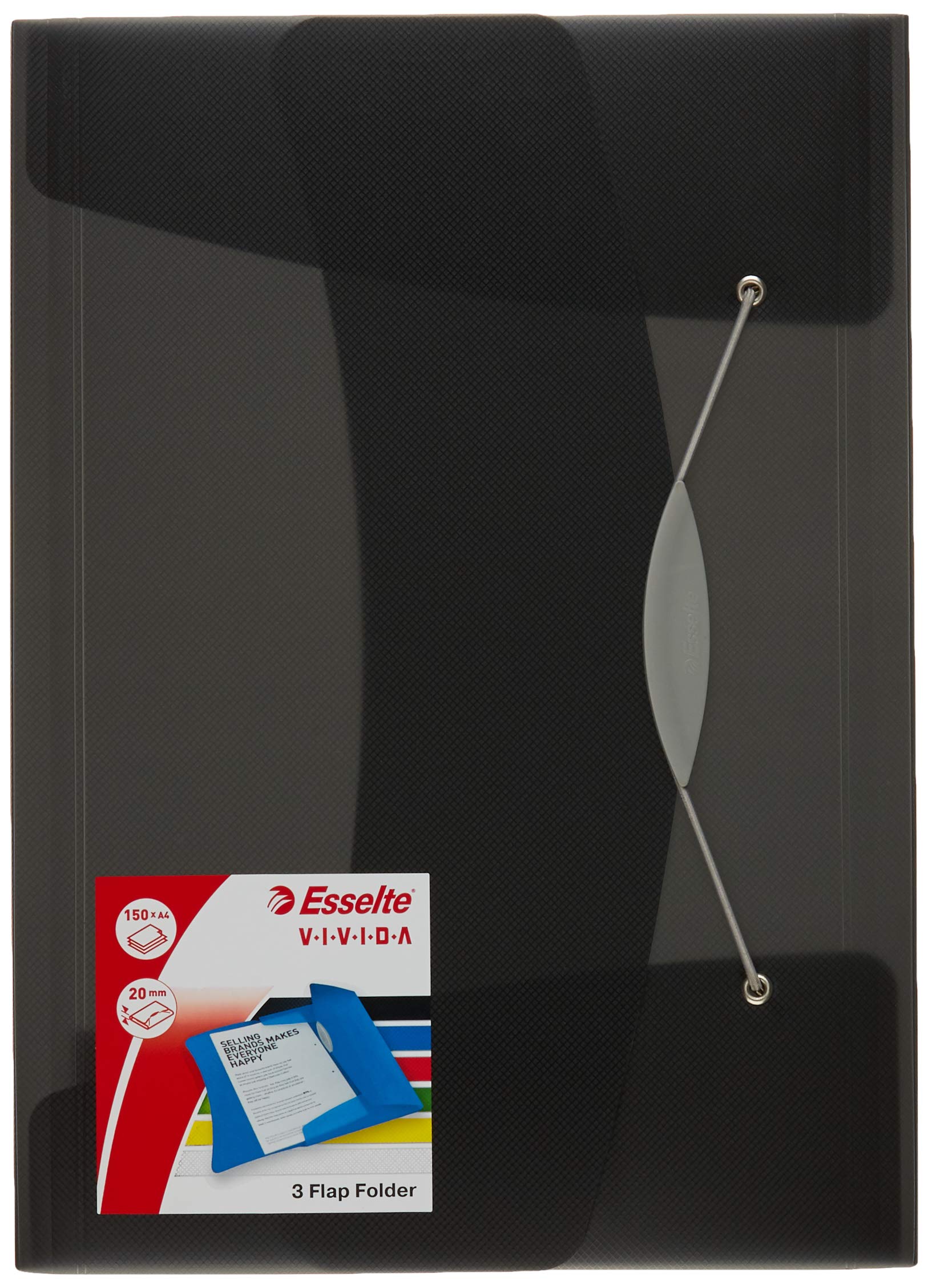 Esselte 3-Flap Folder, Holds up to 150 A4 Sheets, Elastic Closure, Flexible Plastic, Black, Vivida Range, 624043