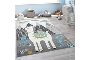 Paco Home Kid´s Rug for Nursery, Llama, Mountains, Children's Motif in Grey Blue Cream, Size: 4'4" x 6'3"