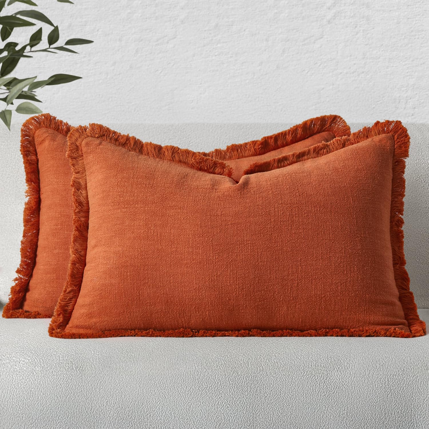 Photo 1 of MIULEE Fall Decorative Throw Pillow Covers Neutral Linen Fringe Throw Pillows Set of 2 Burnt Orange Boho Farmhouse Cushion Covers with Tassels for Couch Sofa Bed Living Room Home Decor 12x20 Inch