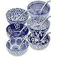 Japanese Ceramic Bowls Set of 6, 28 Oz Large Asian Porcalain Ramen Soup Salad Cereal Noodle Bowls with 6 Spoons, Bowls for Ki