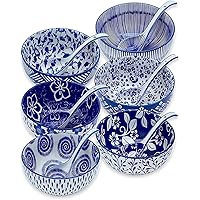 Japanese Ceramic Bowls Set of 6, 28 Oz Large Asian Porcalain Ramen Soup Salad Cereal Noodle Bowls with 6 Spoons, Bowls for Ki