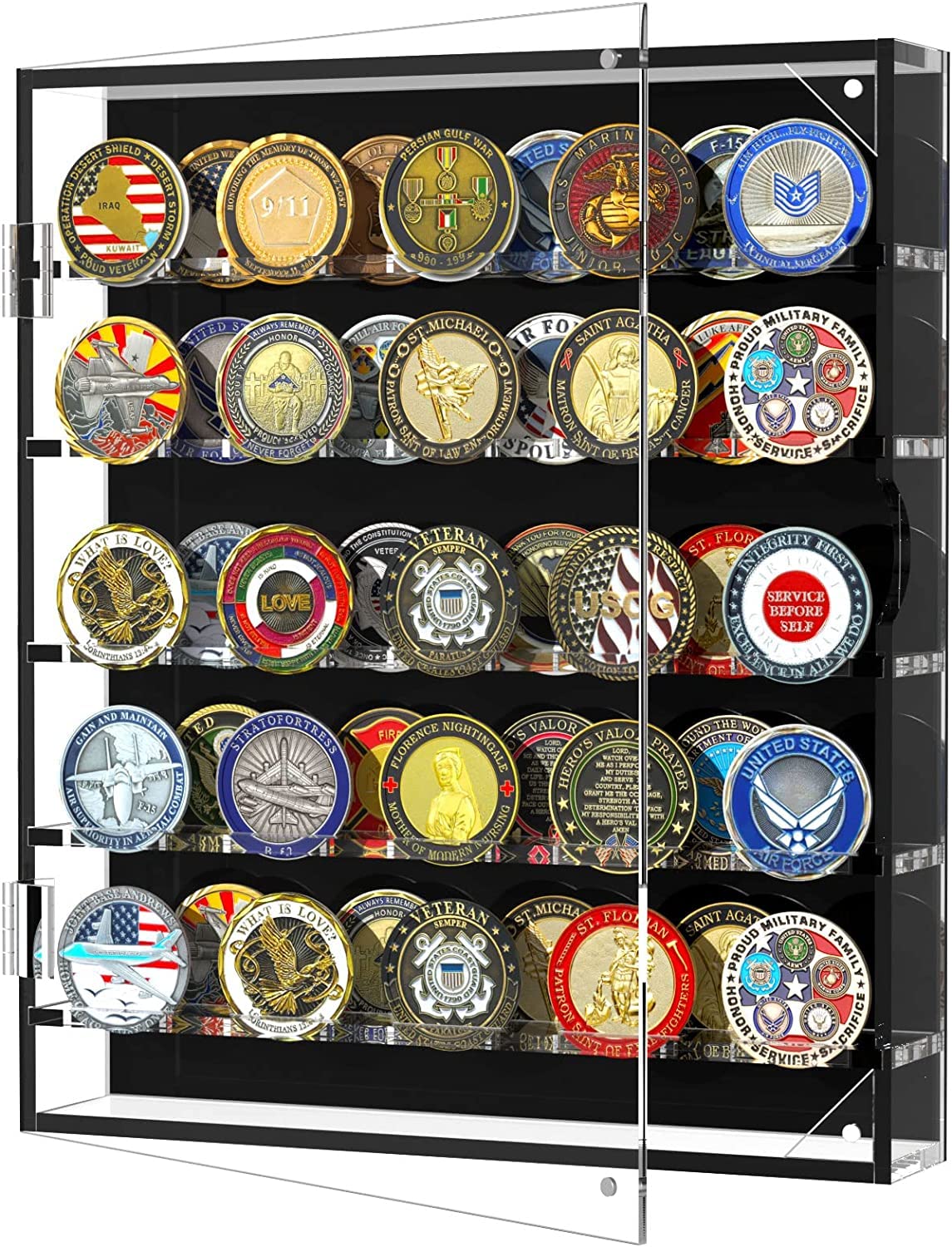 Challenge Coin Wall Display Case, Acrylic Military Challenge Coin Holder with Removable Shelves and Magnetic Door,Coin Box fits 45 Military Medals Poker Chip