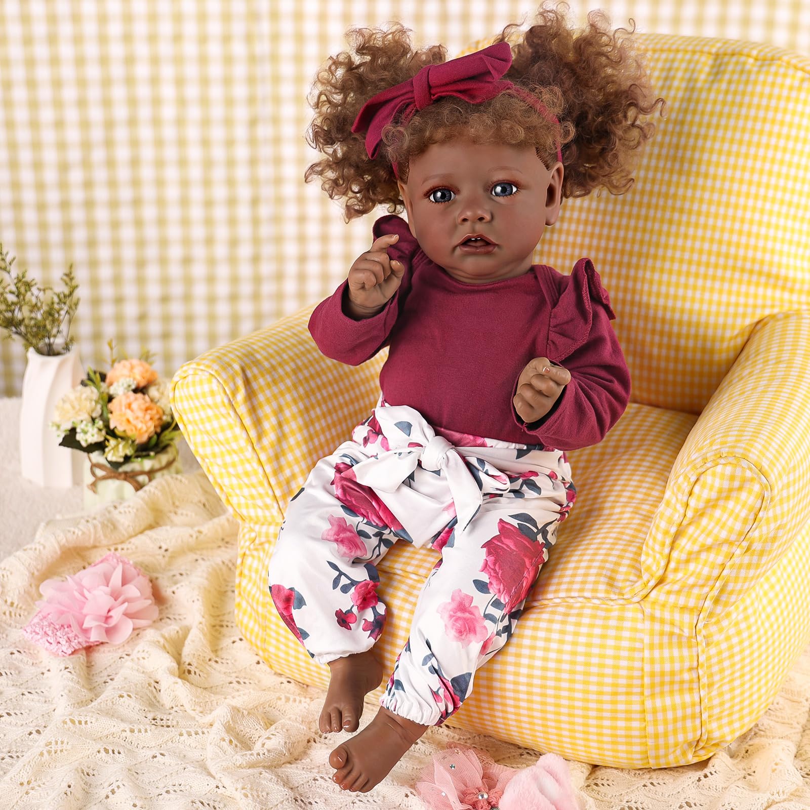 BABESIDE 3 Pcs Reborn Baby Doll Clothes for 17-22 Inch Babydolls, Floral Patterns Lifelike Baby Doll Accessories for Realistic Baby Dolls Girl, Wine Red