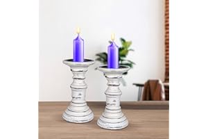 LIGHT & PRO Farmhouse Wooden Candle Holders (Set of 2) - 7.5" Tall Pillar Stands, Antique Finish, Rustic Vintage Decor, Shabby Chic Home Accent, Decorative Centerpieces for Table - Antique White