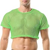 QiaTi Men's Fishnet Shirts Mesh Crop Top See Through Round Neck Short Sleeve Sexy Muscle Tee for Men