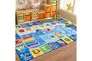 B BENRON Kids Rugs for Playroom Washable, Educational and Fun Learning Rugs with ABC Alphabet Animals Shapes, Baby Toddler Children's Play Mat for Bedroom Classroom Nursery, 5x7 Feet, Blue