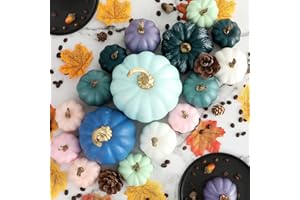 Ywlake Pumpkin Fall Decorations 17pcs, Decorative Large Small Outdoor Blue Green Pink Teal Foam Plastic Fake Faux Artificial Pumpkins for Halloween Autumn Harvest Festival Home Table Decor