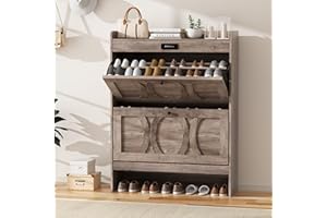 Elevon Deodorizing Shoe Storage Cabinet with 2 Flip Drawers, LED Touchscreen Freestanding Shoe Organizer with Wooden Leg, Narrow Shoe Rack Cabinet for Hallway, Bedroom and Entryway,Gray