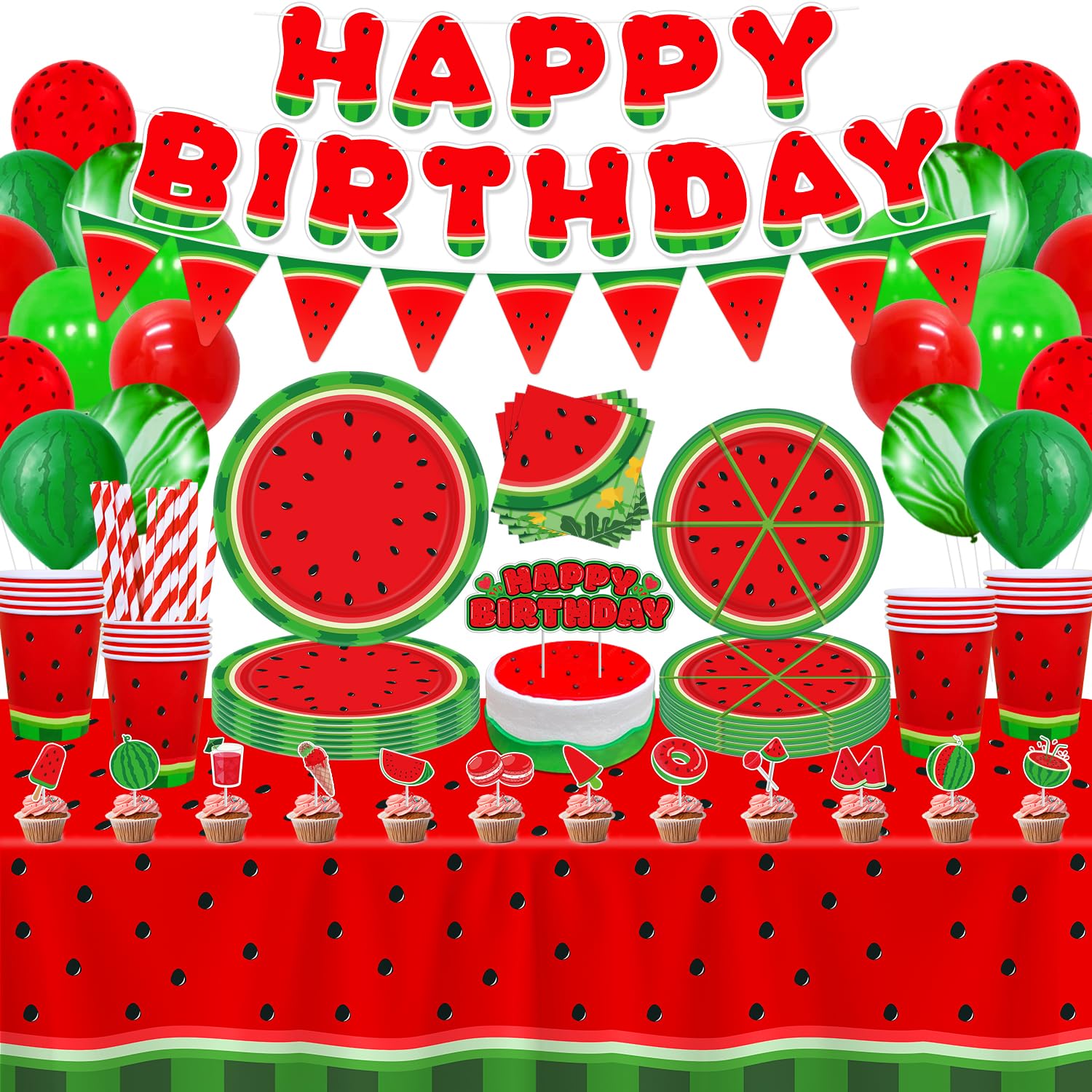 LKITMIUT 164 Pack Watermelon Party Supplies Watermelon Theme Decor One In A Melon Party Decorations Fruit Tableware Set - Cartoon Melon Plates, Balloons, Banners, Tablecloth, Napkins Serves 20 — image 1