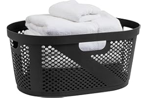 Mind Reader 40L Laundry Basket, Clothes Hamper, Premium Wicker Design, Plastic, 23"L x 14.5"W x 10.5"H, Black