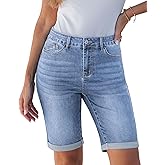 luvamia Bermuda Jean Shorts for Women Knee Length High Waisted Trendy Cuffed Hem Long Stretchy Denim Shorts Summer Jorts