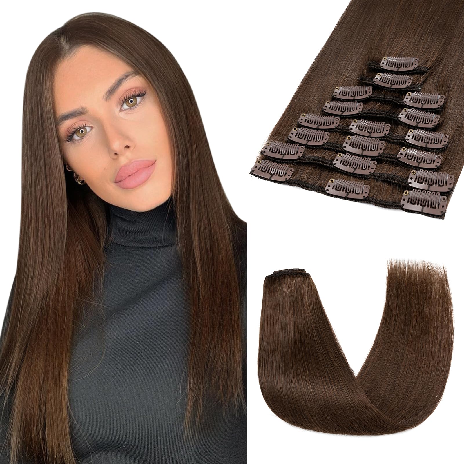 SEGOHAIR 8 PCS Hair Extensions Clip in Real Human Hair, 10 inch Thin Full Head Human Hair Extensions Straight - Chocolate Brown(50g) — image 1