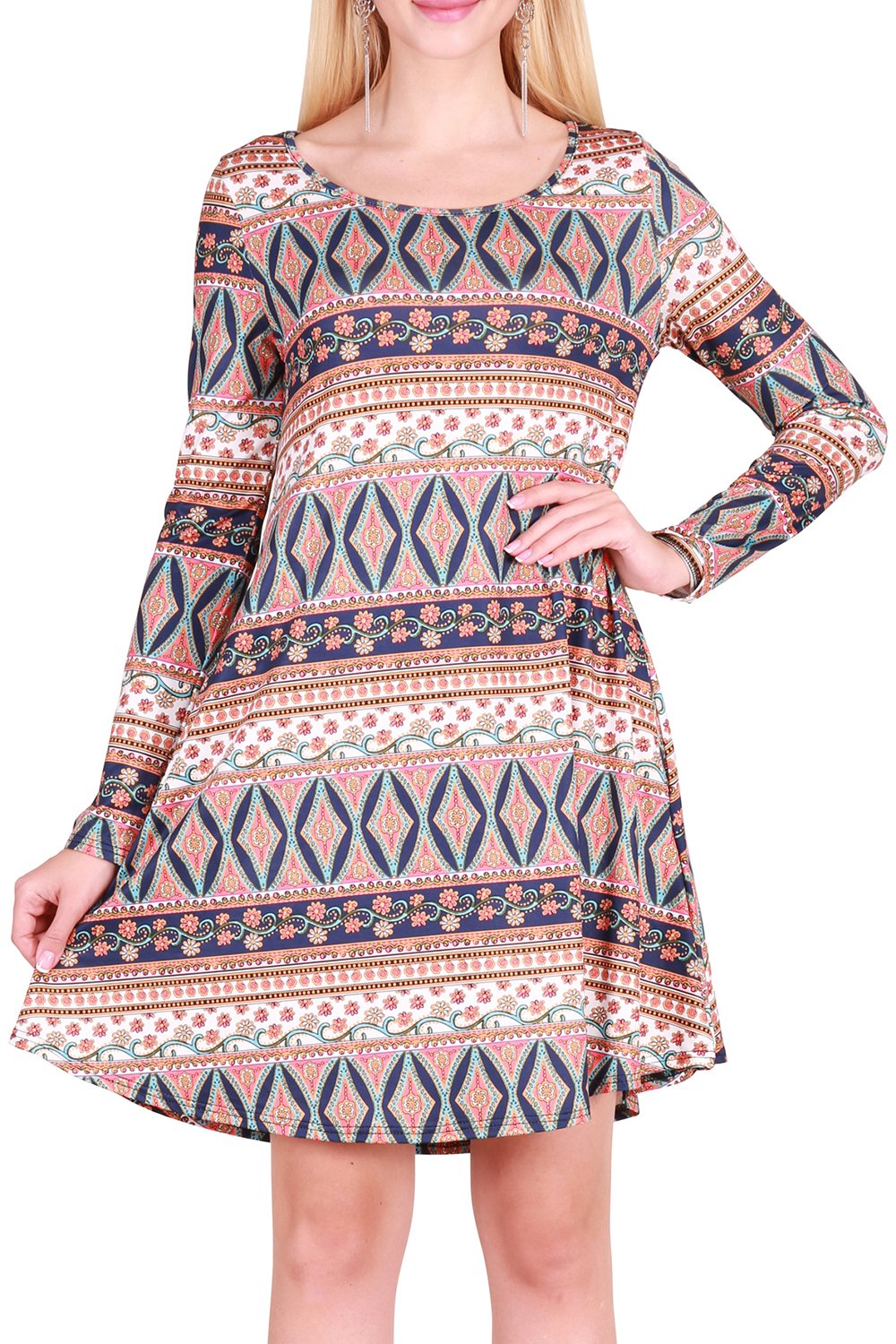 DawnRaid Womens Long Sleeve Midi Dress with Pockets Swing Midi Sweater Dresses Floral M